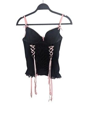 Vintage Y2K Morbid Threads Black Pink Ribbon Corset‎ Bustier McBling Size 34B